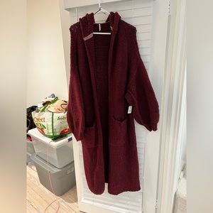 NWT free people caffe cardigan burgundy, size small full length duster length